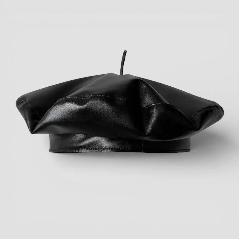 Black faux leather beret hat with sheen and stitched details