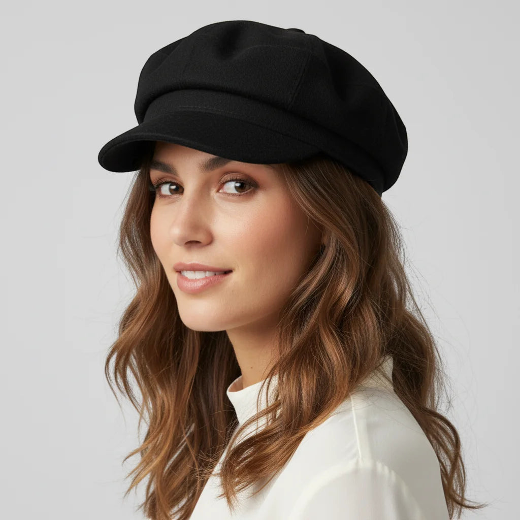 Black wool felt newsboy cap with flat top and curved brim