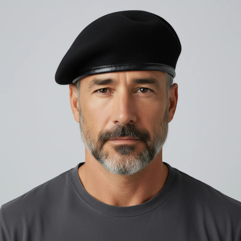 Black Ranger Beret with smooth leather band