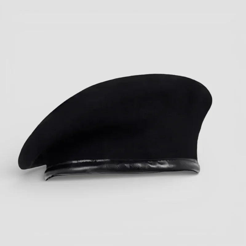 Black Ranger Beret with matte finish and leather brim trim