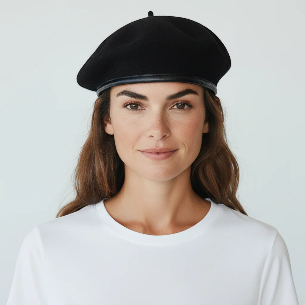 Black Ranger Beret with black velvet and contrasting leather trim