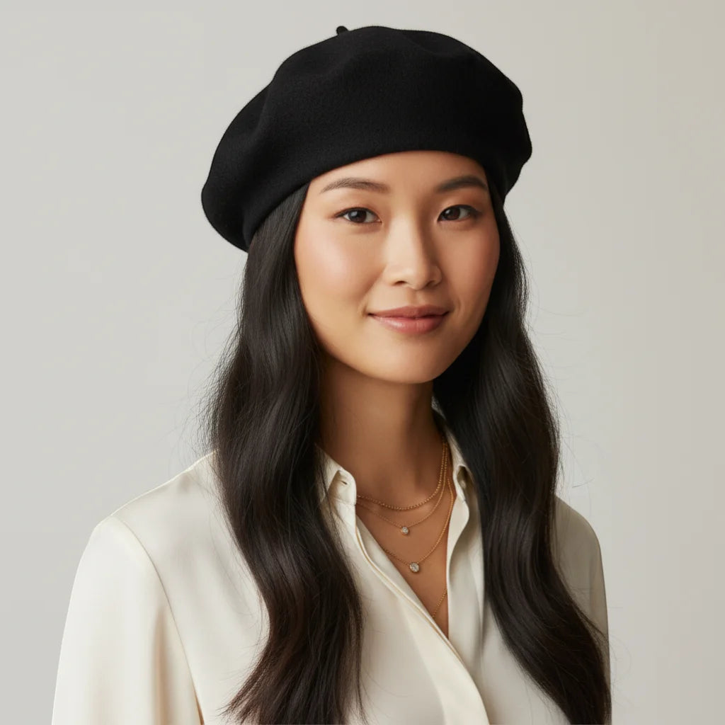Black wool French beret displaying black beret