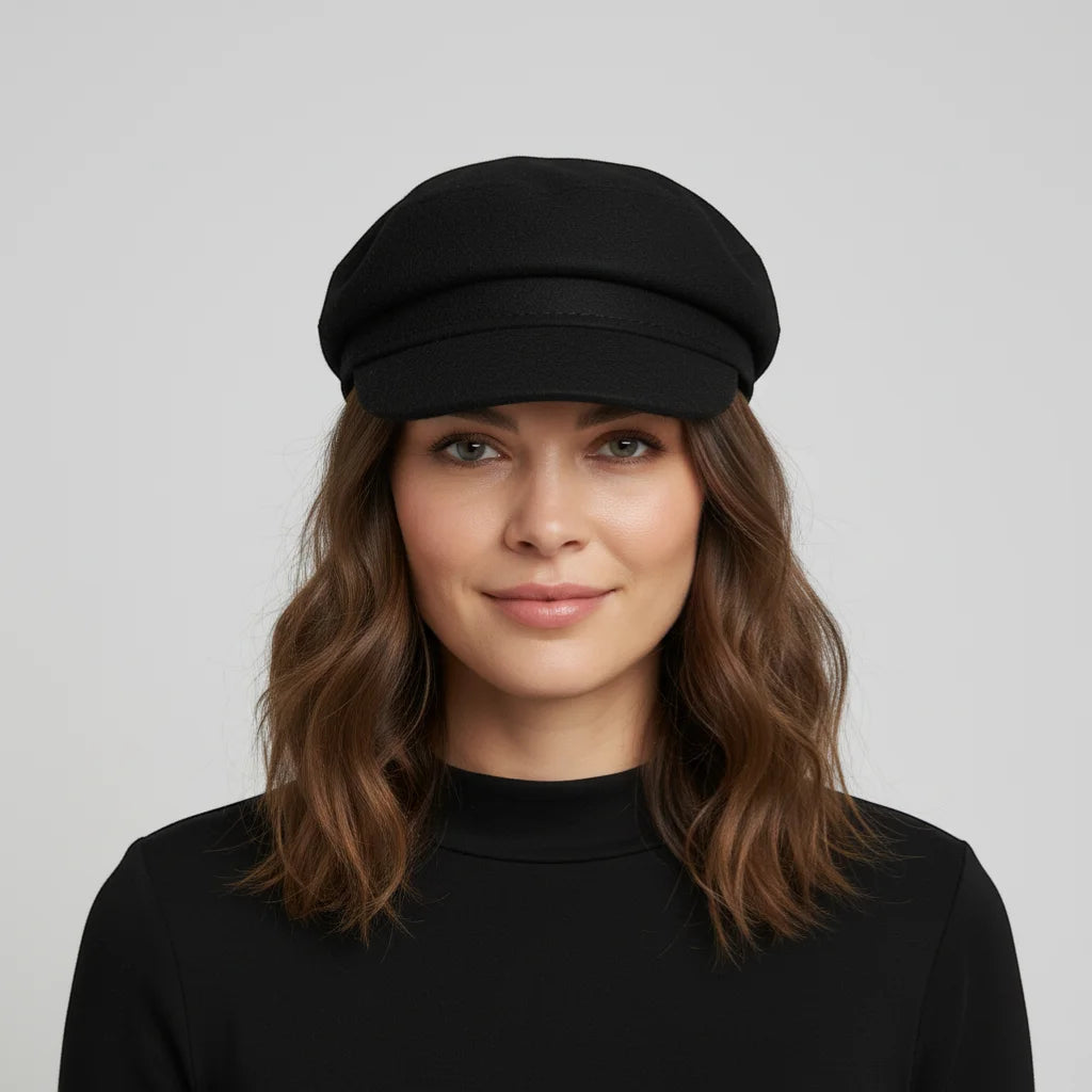 Black wool newsboy cap with structured flat top and curved brim