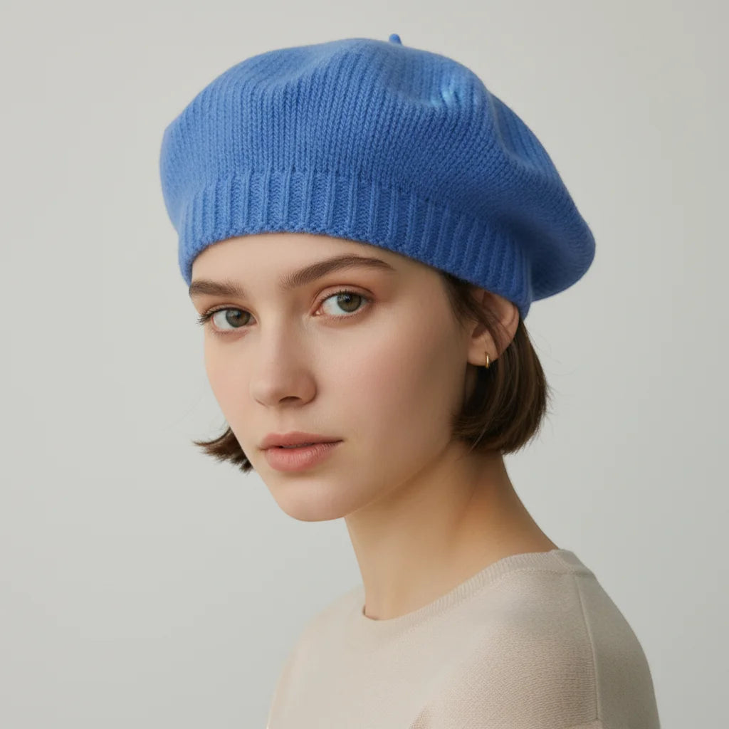 Blue Beret Hat with soft blue knitted design and ribbed brim