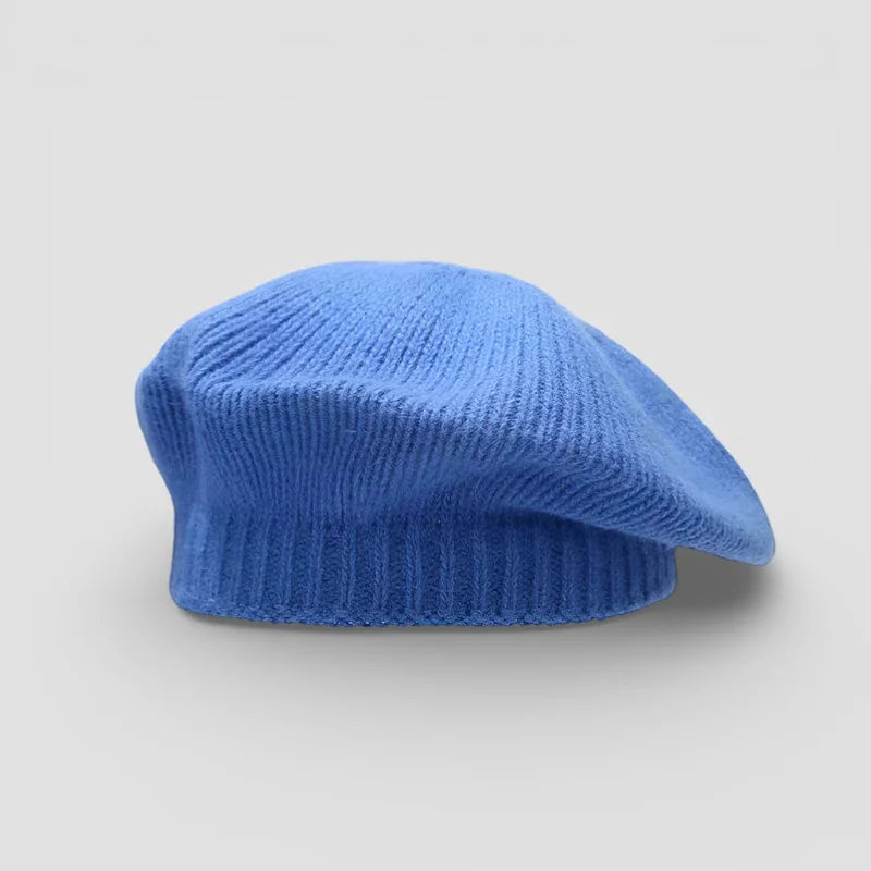 Blue ribbed-knit beret hat with soft folded brim