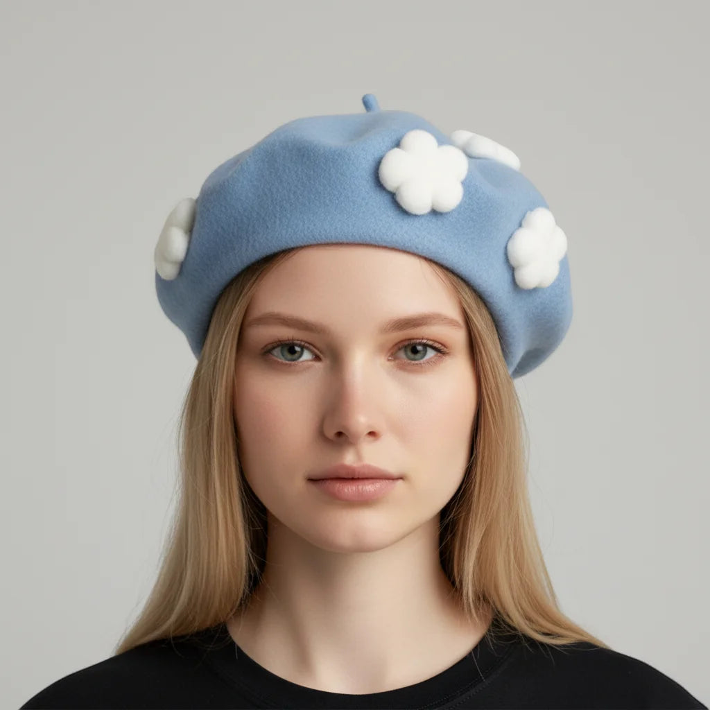 Light blue Blue Cloud Beret with fluffy white cloud appliques