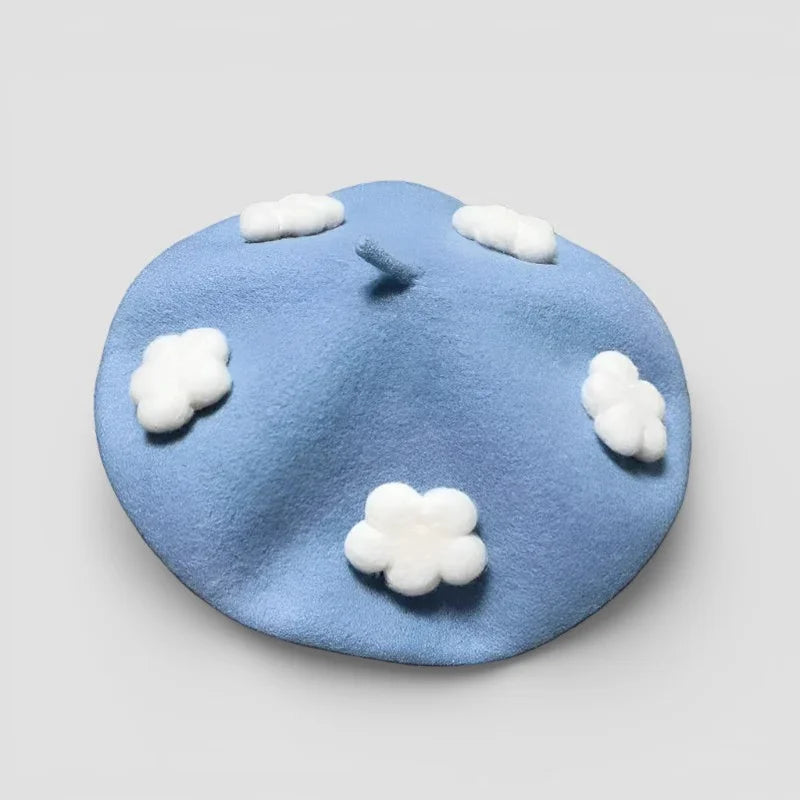 Blue Cloud Beret with soft blue felt and fluffy white cloud appliques