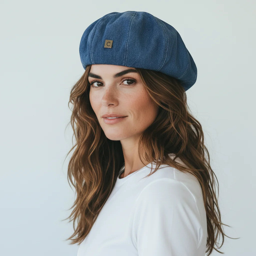Blue denim beret with navy fabric and gold logo patch on front