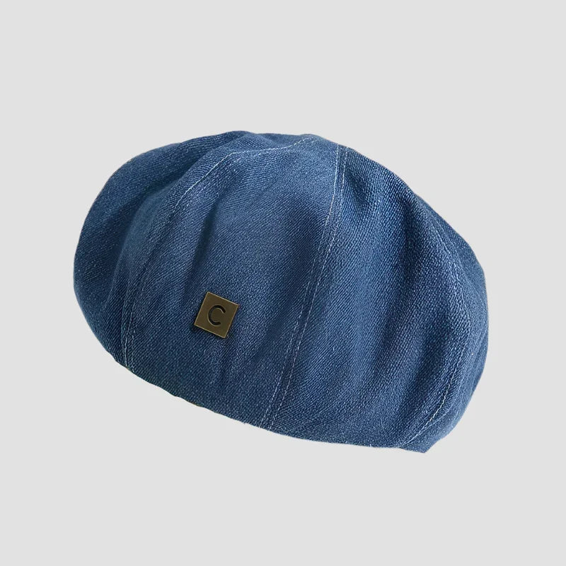 Denim newsboy cap.
