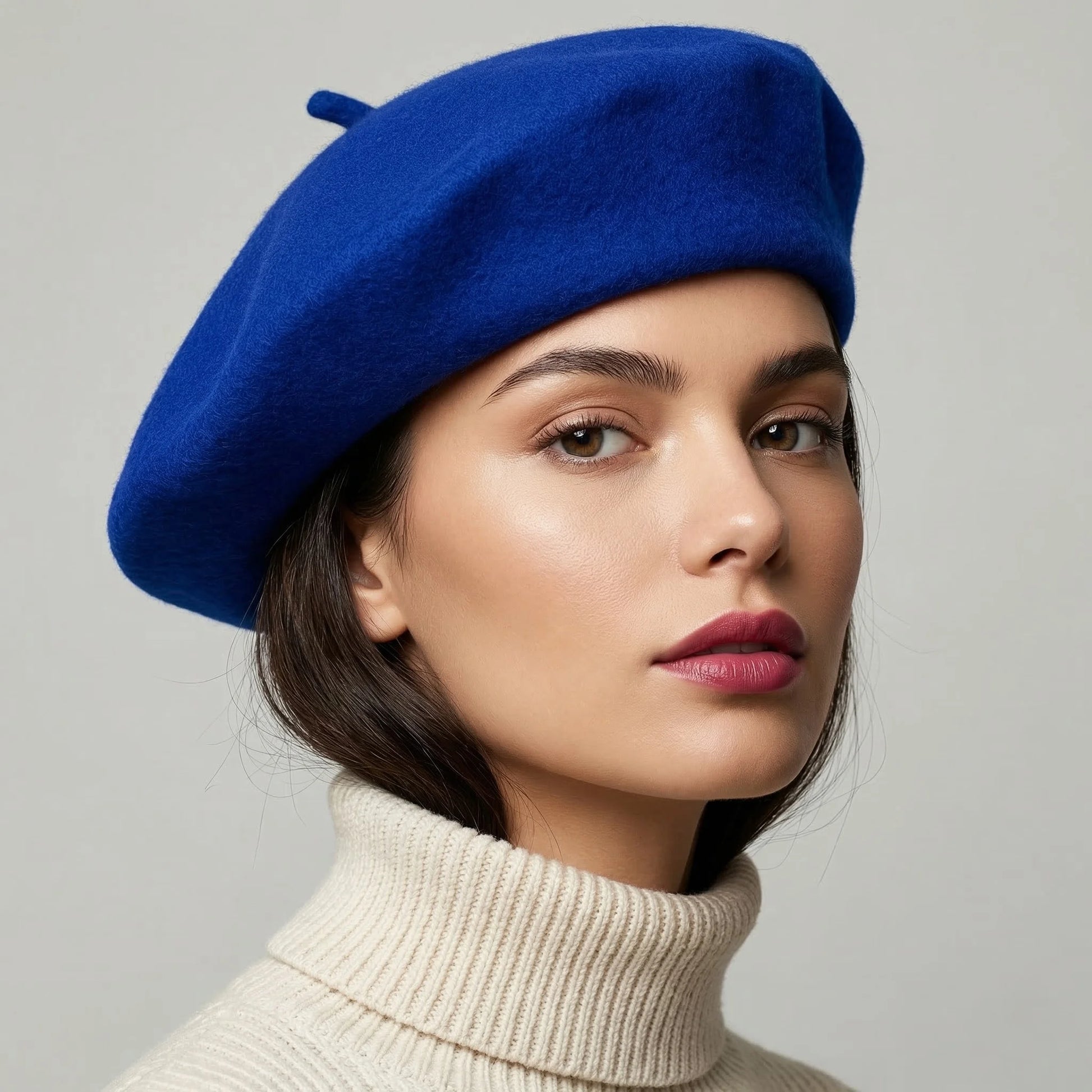 Blue French Beret: vibrant royal blue felt with textured surface and top button