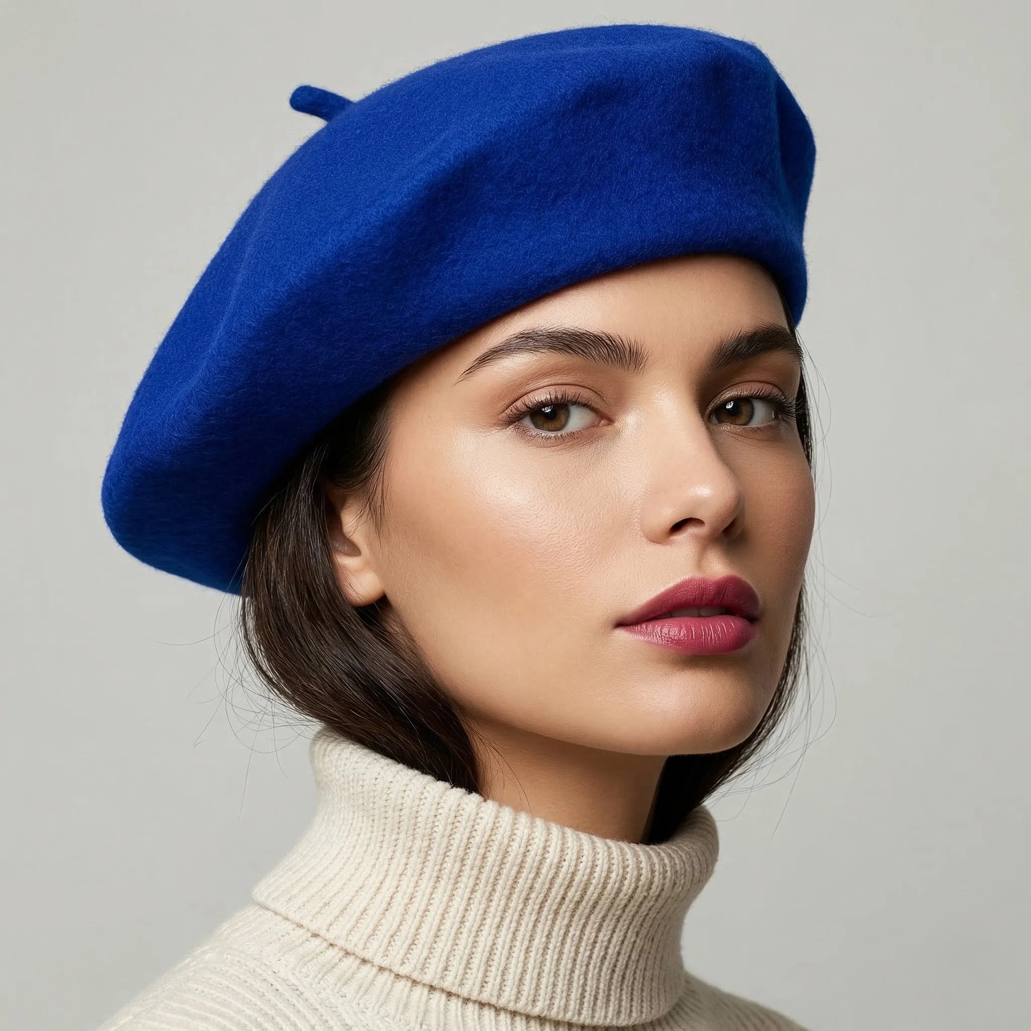 Blue French Beret: vibrant royal blue felt with textured surface and top button