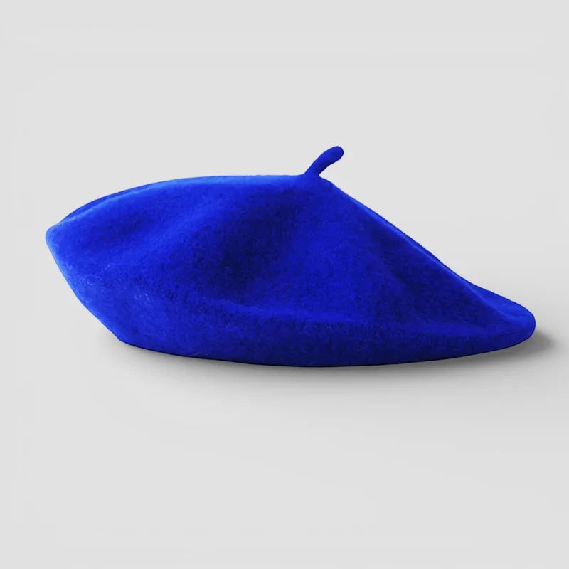 Blue French Beret: vibrant royal blue soft felt with rounded crown and loop