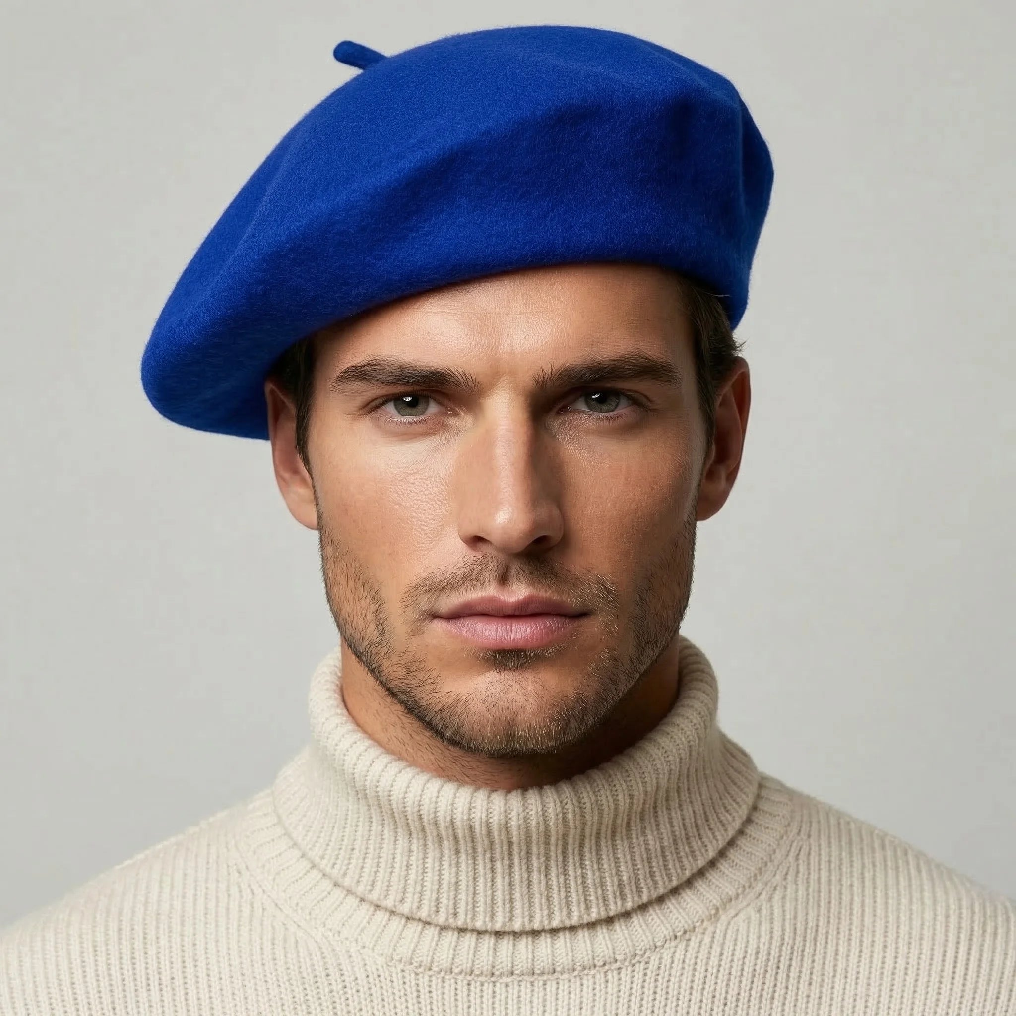 Vibrant royal blue wool Blue French Beret with structured crown and top button