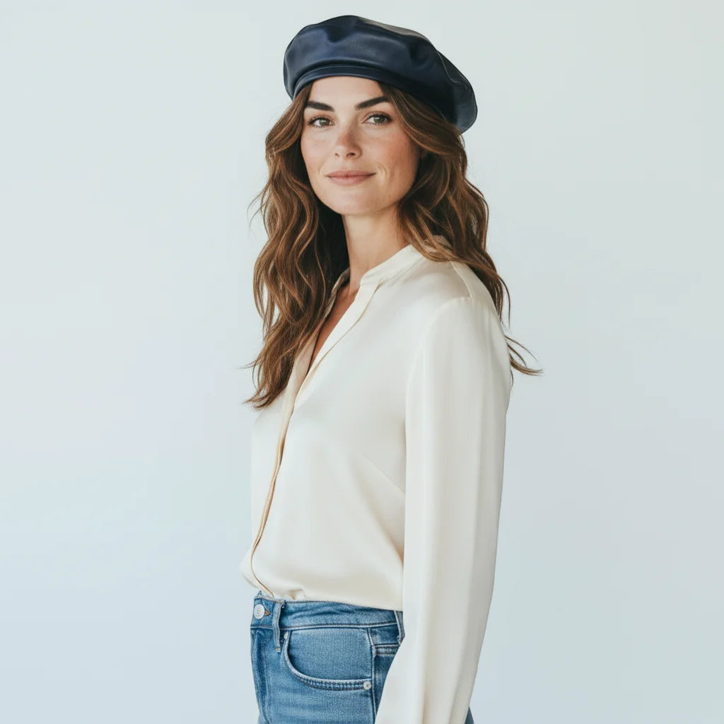 Navy blue faux leather beret, Blue Leather Beret product view