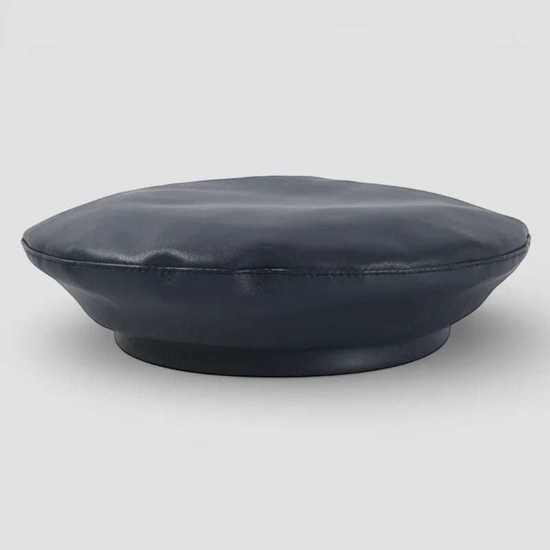Sleek dark navy Blue Leather Beret with glossy finish and stitched brim