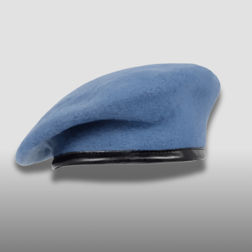 Blue military ranger beret hat with black leather band – classic uniform style accessory