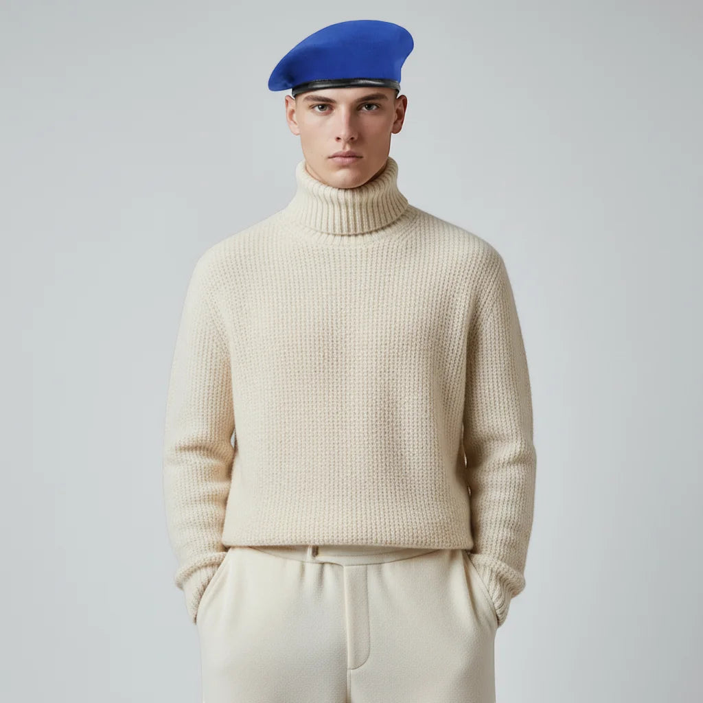 Cream-colored ribbed knit turtleneck sweater in Blue Ranger Beret style