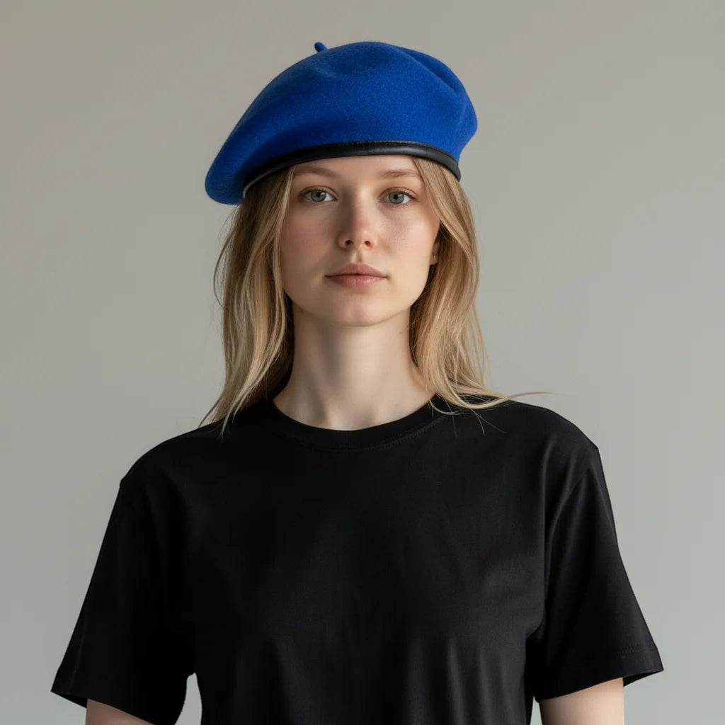 Vibrant royal blue Blue Ranger Beret with sleek black leather trim