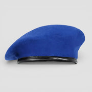 Blue Ranger Beret in vibrant royal blue suede-like texture with black leather trim