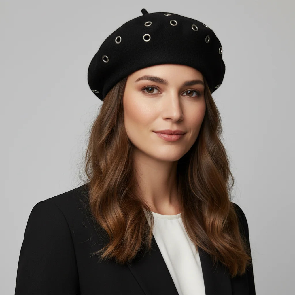 Boina Hat black beret with silver grommet details