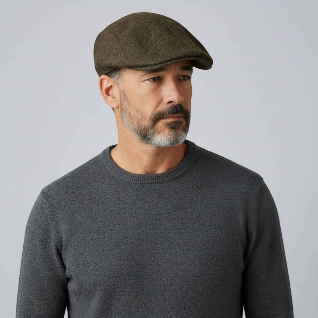 Olive green tweed flat cap from Brown Beret Cap collection