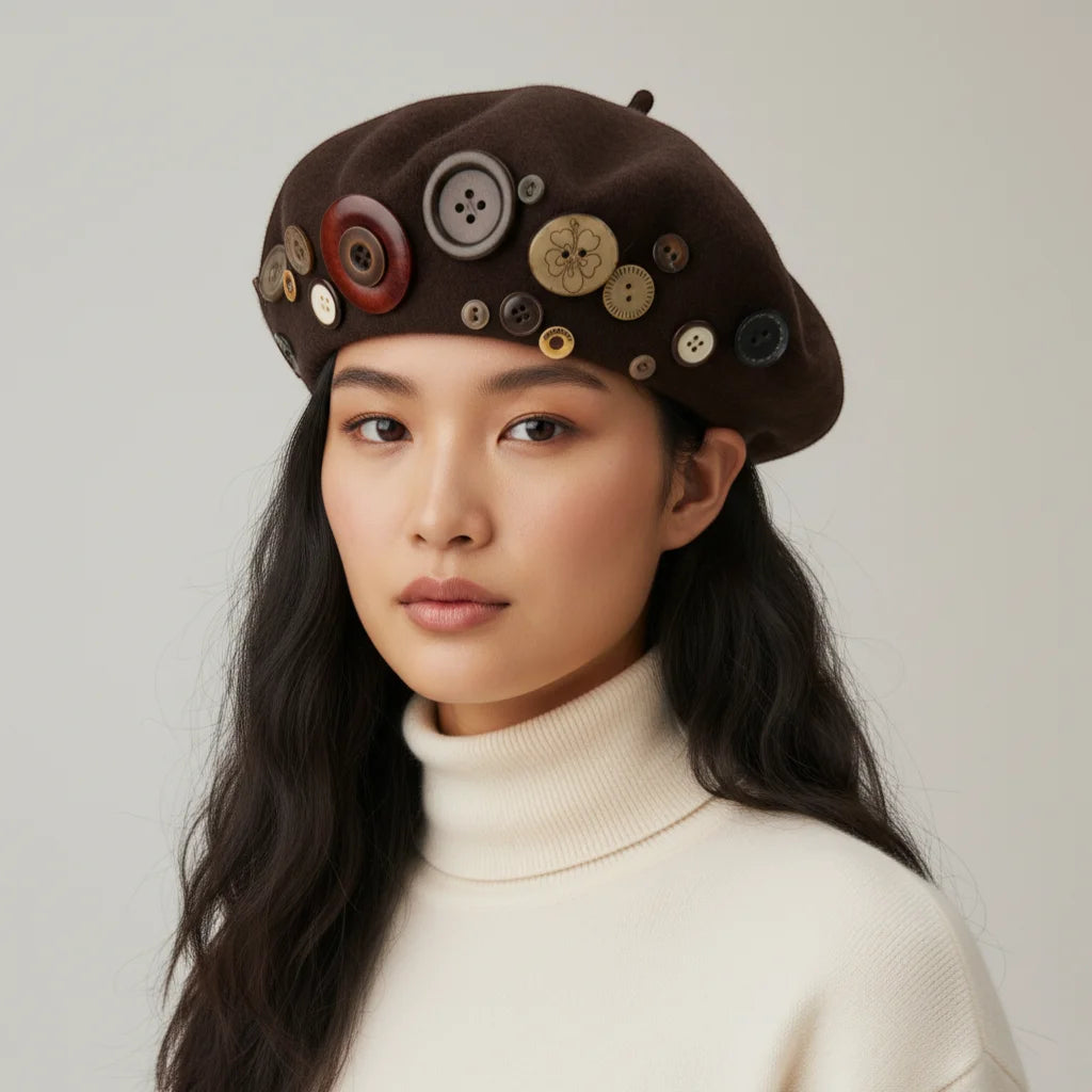 Brown Button Beret with eclectic vintage-style buttons on velvet