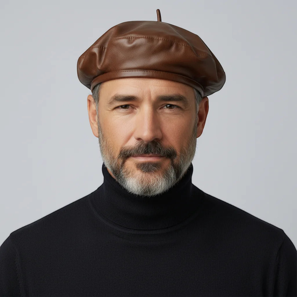 Brown French leather beret with small top button