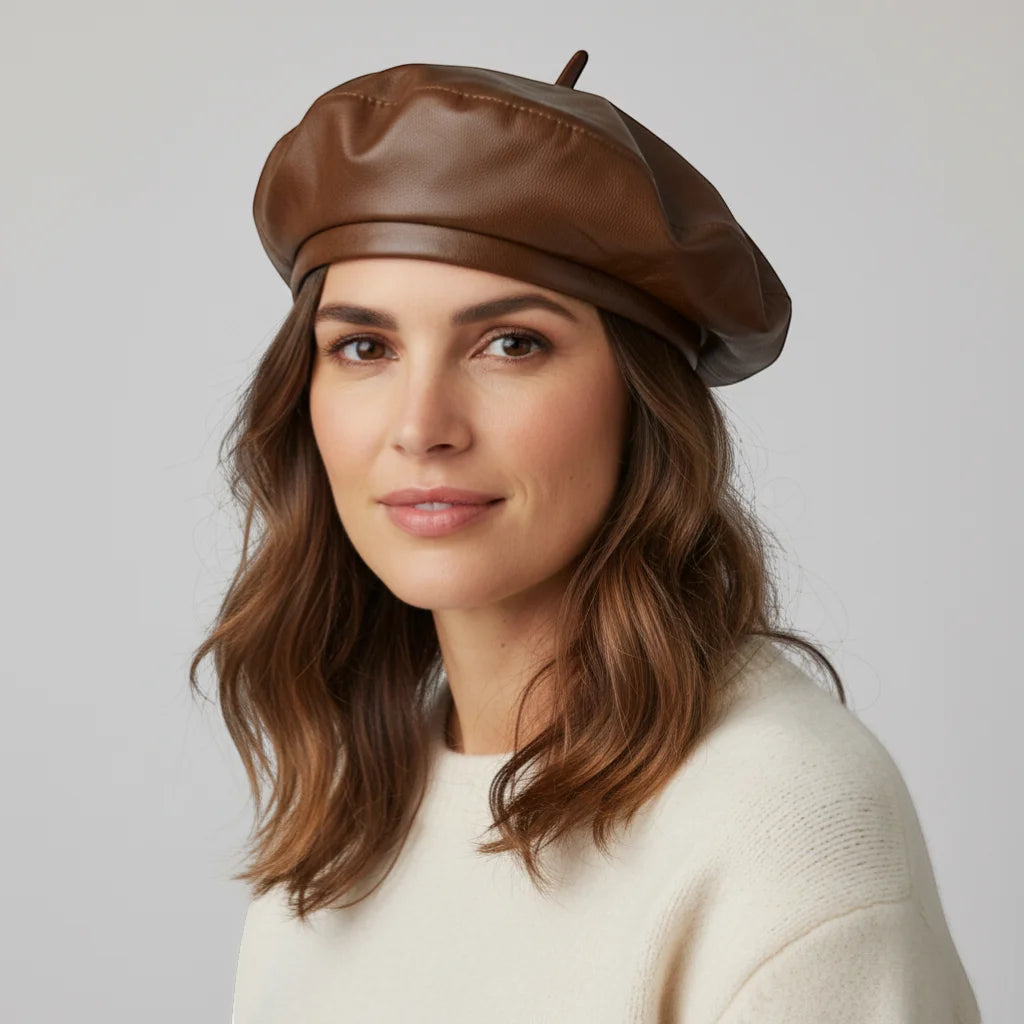 Brown French leather beret with small decorative button on top