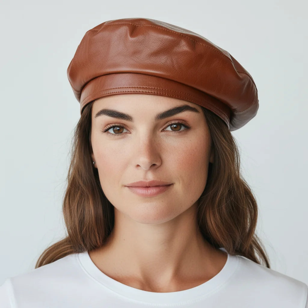 Smooth tan leather beret with creased crown and stitched band