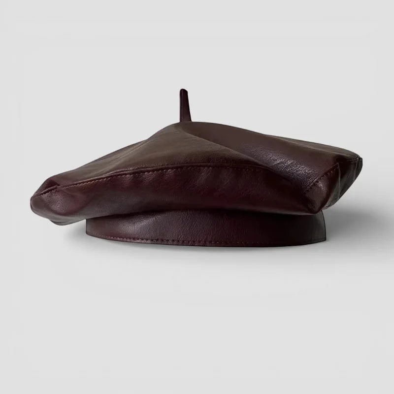 Dark brown leather beret with padded crown, button and brim