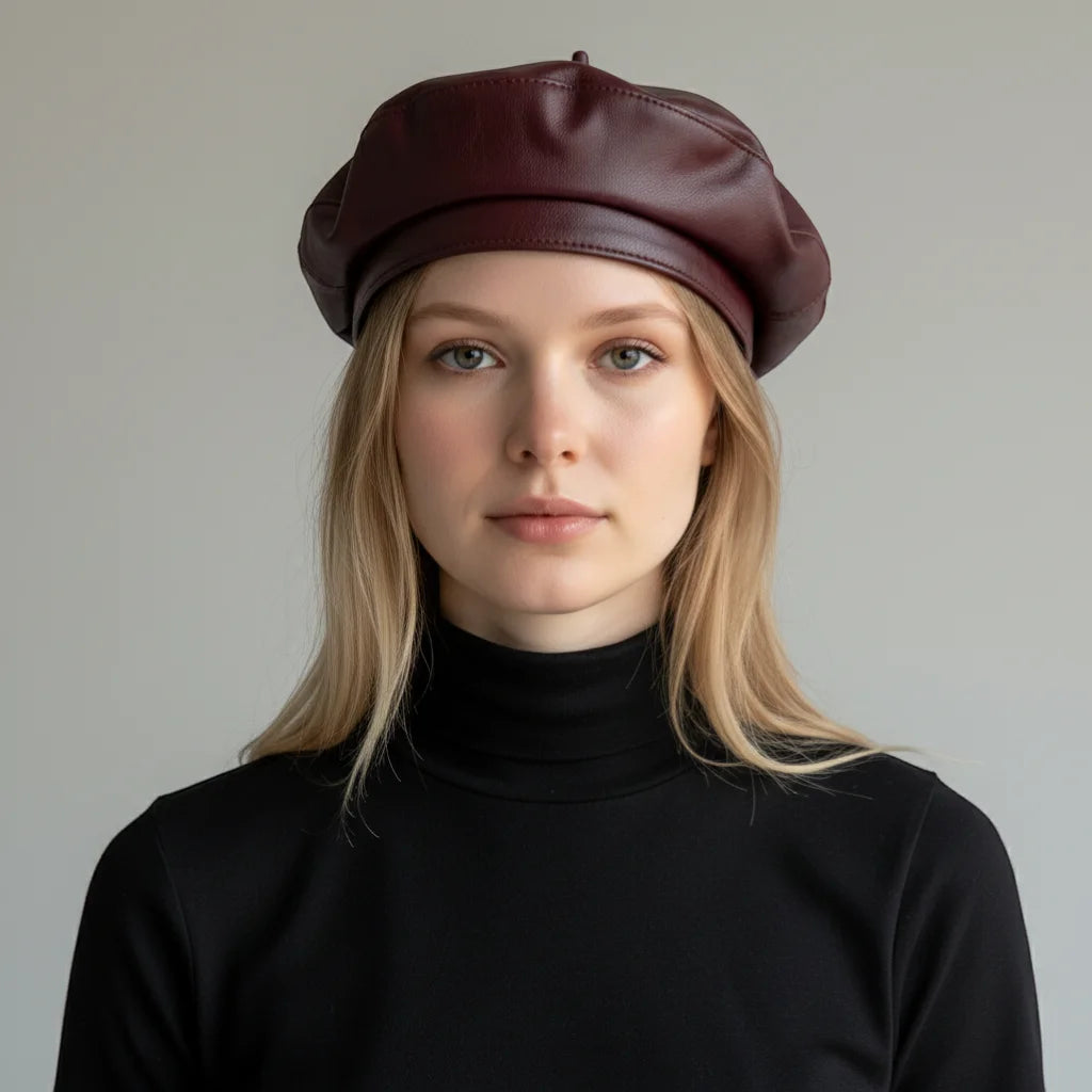 Rich burgundy leather beret with brim, smooth glossy finish and subtle stitching
