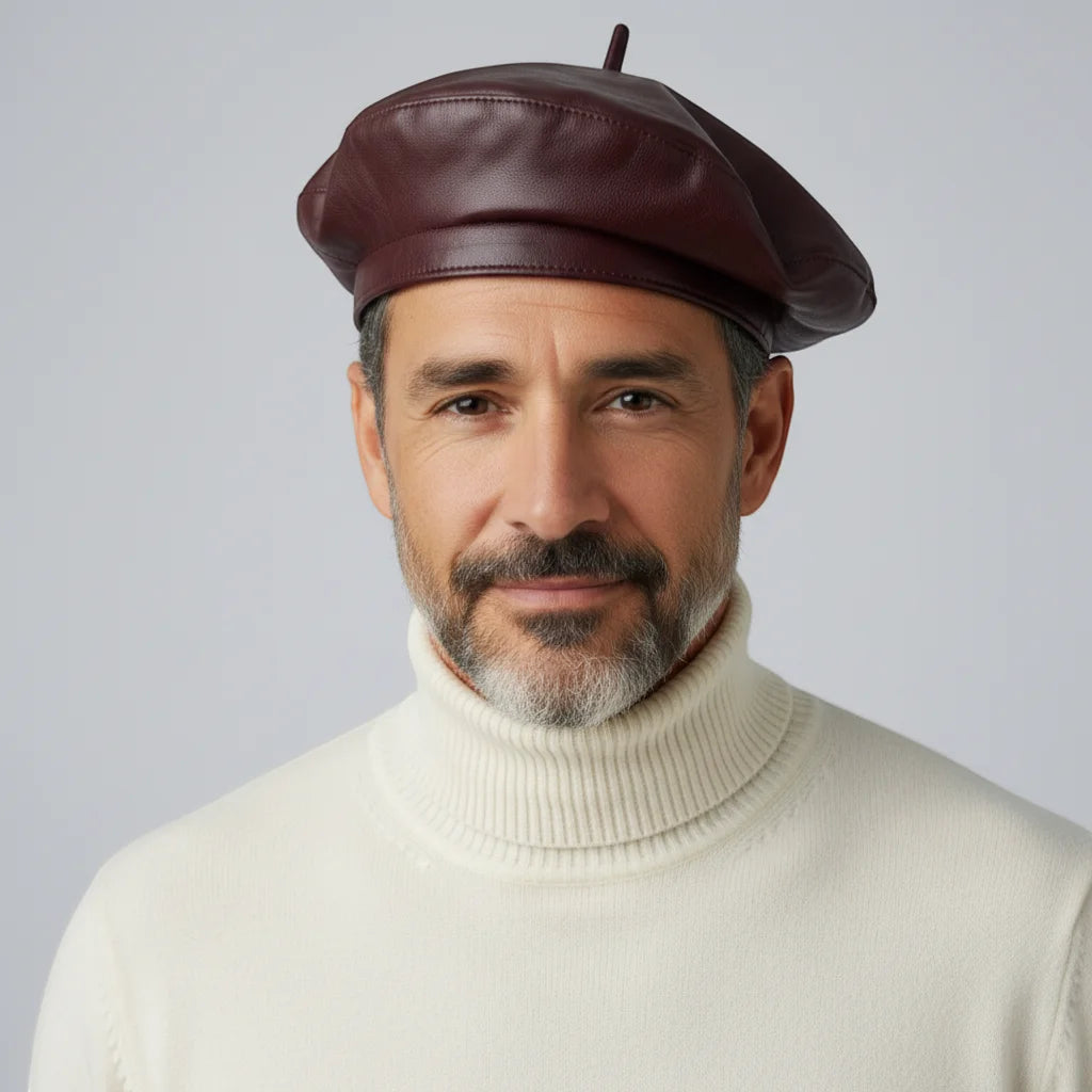 Rich burgundy leather beret with brim, soft creased texture and top button