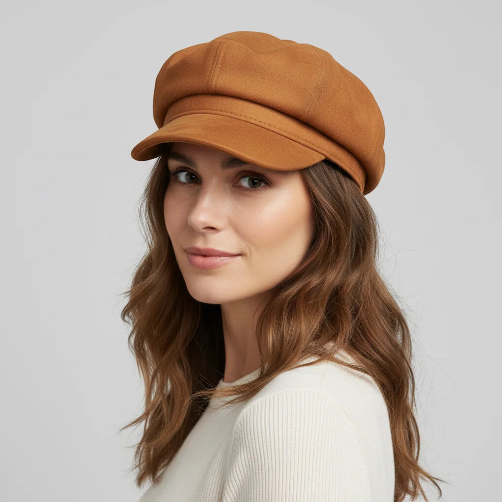 Tan suede Brown Newsboy Cap with flat top and curved brim