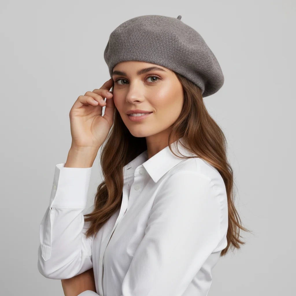 Soft gray wool beret with subtle texture and top button, Brown Wool Beret