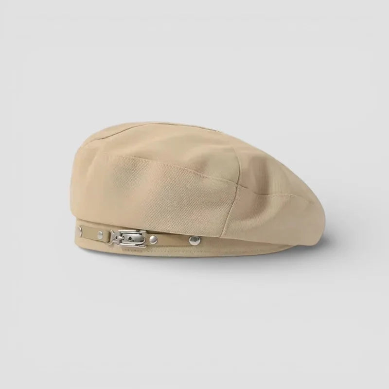 Buckle Beret beige canvas flat cap with silver buckle strap