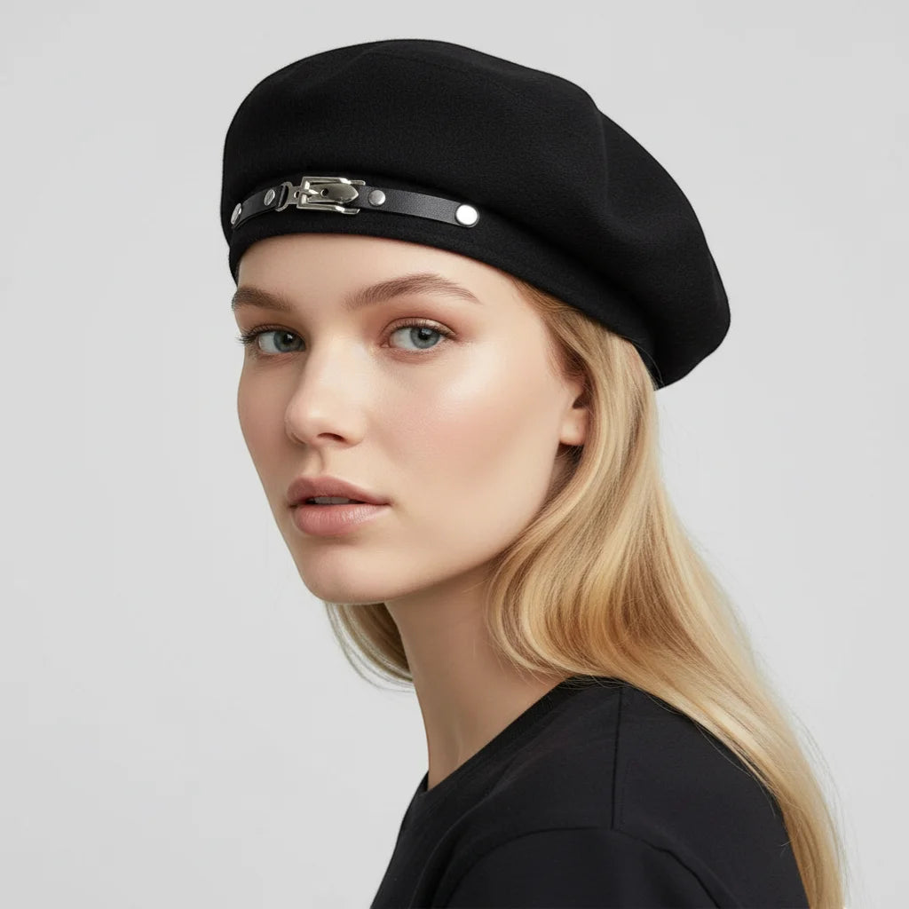 Buckle Beret black beret with silver buckle and leather strap detail