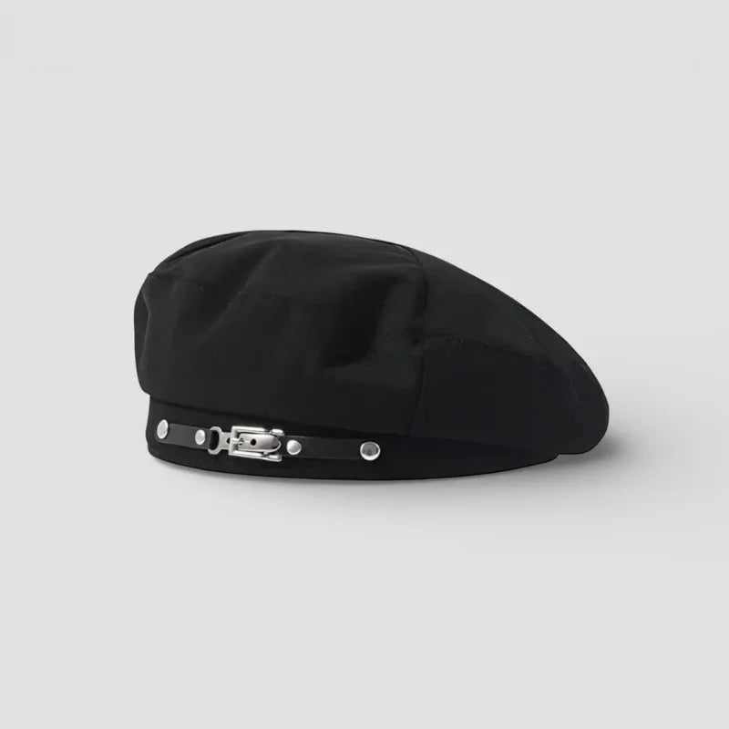 Buckle Beret: black beret with sleek crown and silver buckle strap