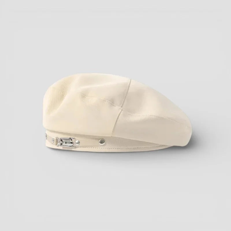 Buckle Beret: cream-colored beret with sleek structured design and metallic buckle