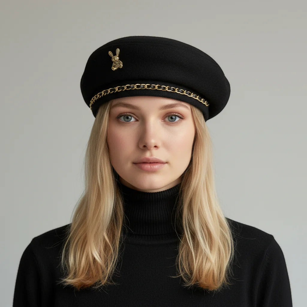 Bunny Beret black beret with gold chain trim and golden rabbit emblem