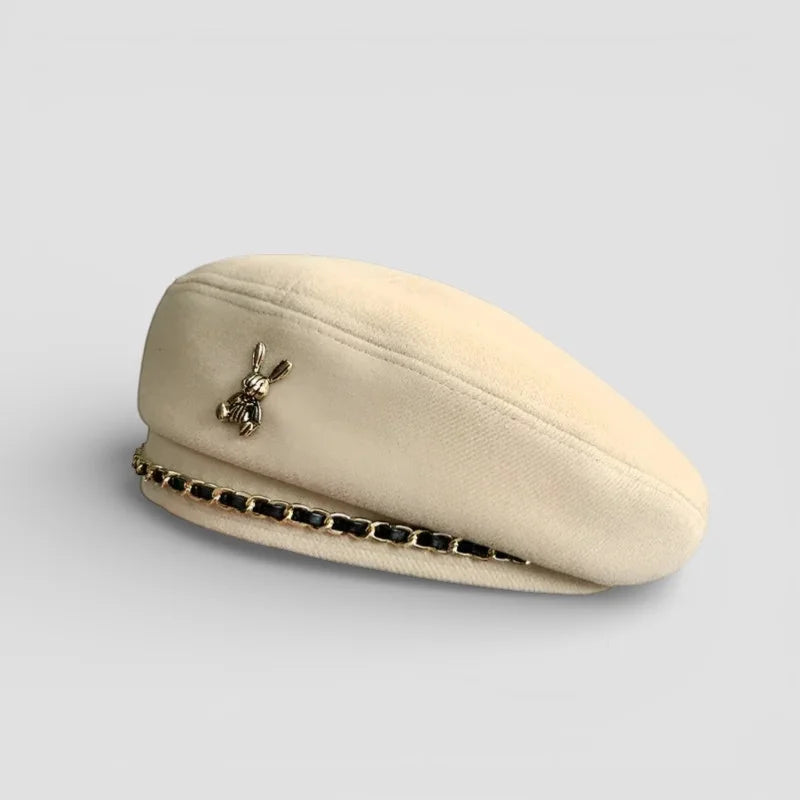 Cream Bunny Beret with metallic rabbit pin and black chain trim