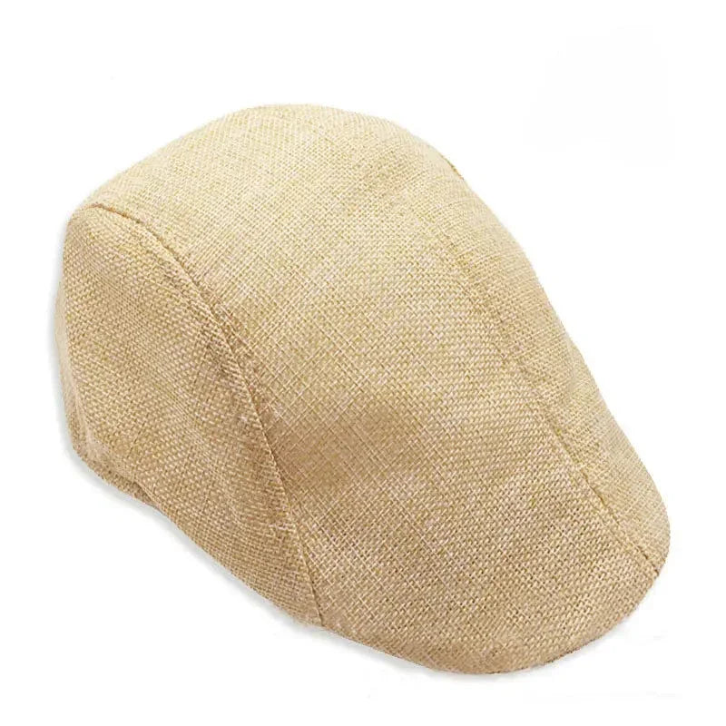 Beige linen flat cap.