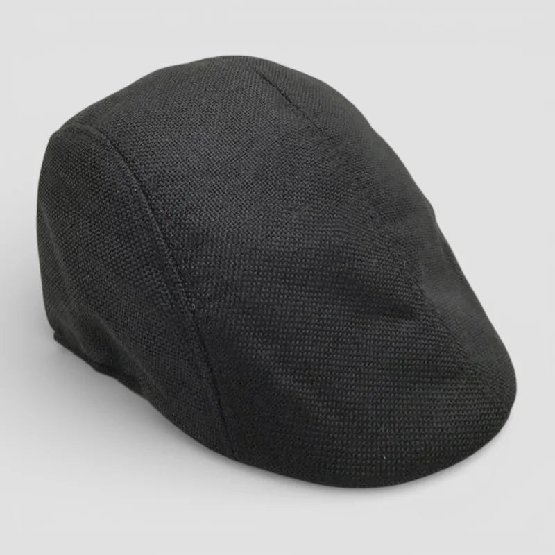 Black textured fabric Cabbie Beret Cap with visible stitching details