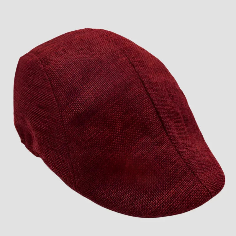 Maroon flat cap.