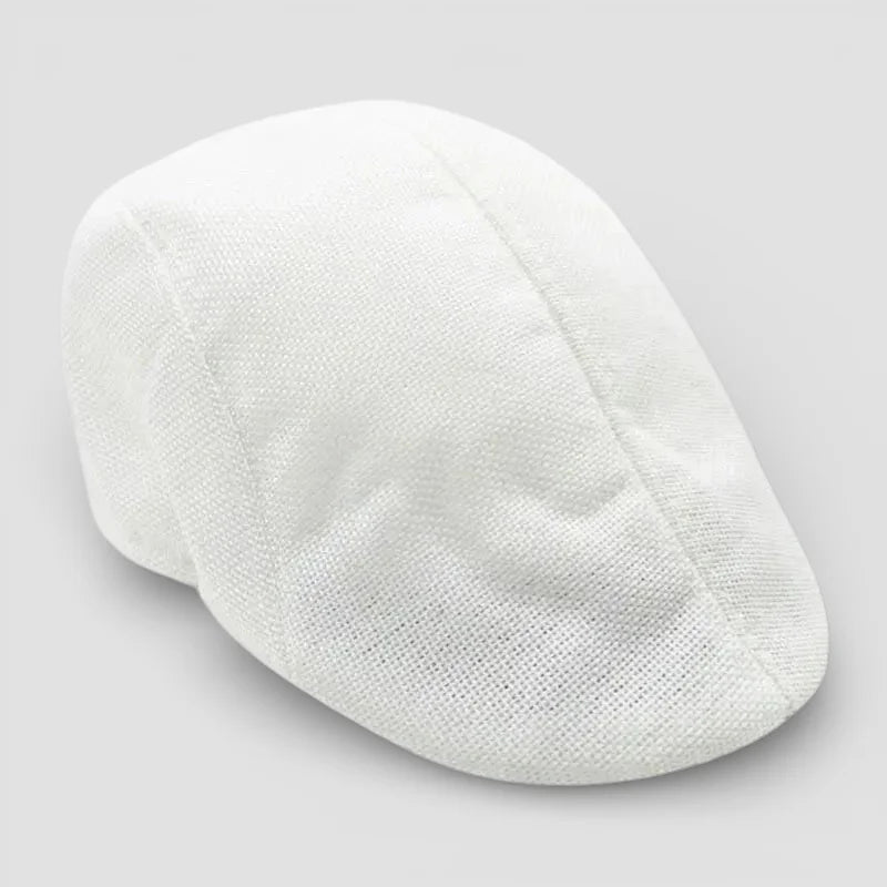 White linen Cabbie Beret Cap with textured weave and structured seams