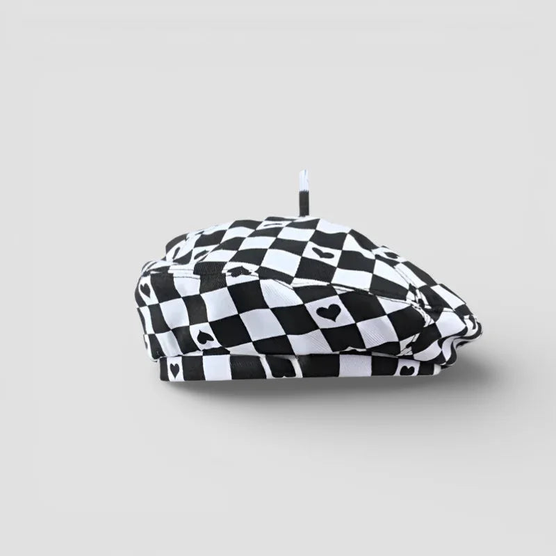 Check Beret: black and white checkered style with heart motifs