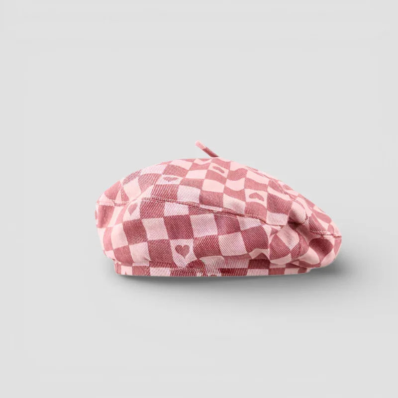Pink and white checkered Check Beret with subtle heart patterns
