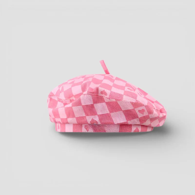 Pink and white checkered Check Beret with subtle heart patterns