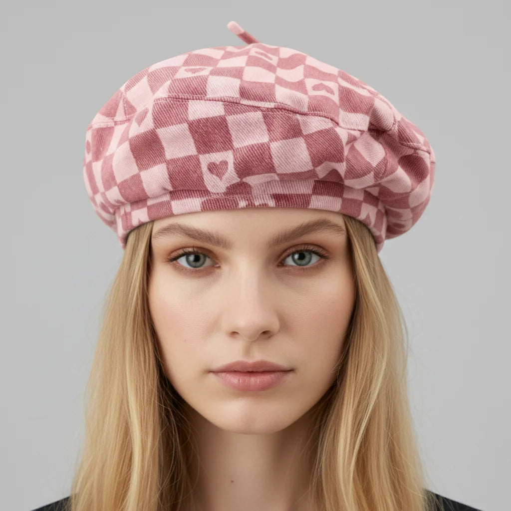 Check Beret: soft pink white checkered beret with heart motifs