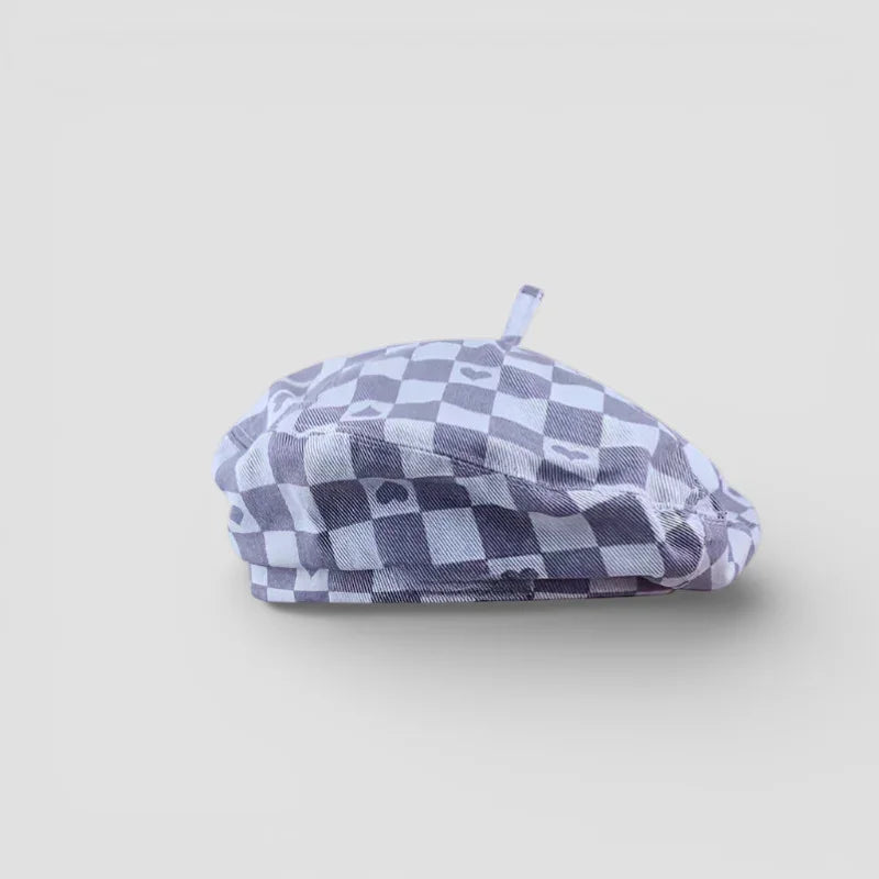 Stylish Check Beret: black white checkered with heart patterns, denim fabric