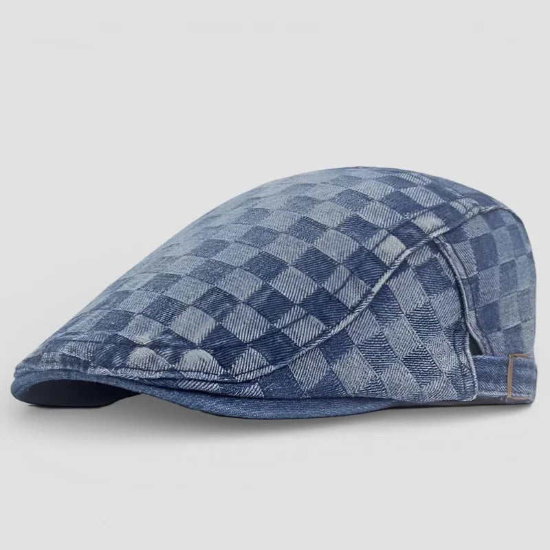 Blue denim flat cap with checkered pattern, Checkered Beret